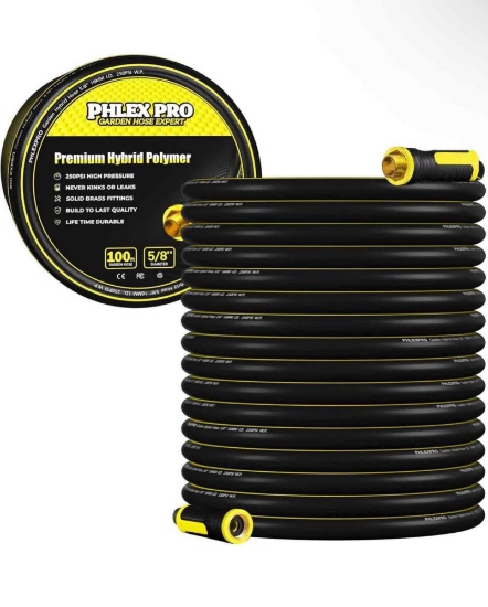 Garden Hose 100FT - PHLEX PRO Heavy-Duty Premium 5/8'' Rubber 3-Layer Water Hose