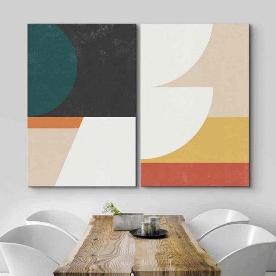 Mid Century Shape " Mid-Century Geometric Multicolor Block Abstract Shapes Modern " 2 - Pieces