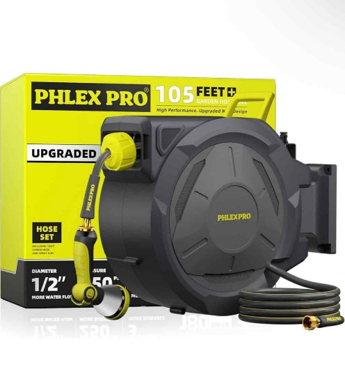 Retractable Garden Hose Reel 105FT, 1/2 inch Wall Mounted Hose Reel