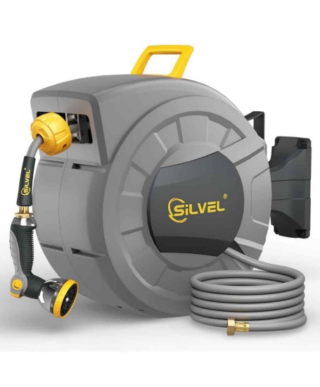 SILVEL Retractable Garden Hose Reel, 1/2 in x 100 FT Wall Mounted Garden Hose Reel