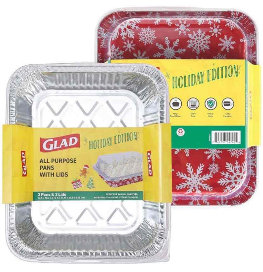 Glad Disposable Aluminum All-Purpose Pans in Red & White Snowflake Holiday Pattern