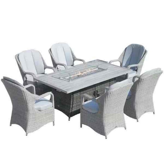 Direct Grey 7-Pieces Wicker Outdoor Fire Pit Dining Table Set Semicircle Rattan Chairs and Grey