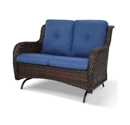 Patio Loveseat Wicker Loveseat Rattan Glider Sofa with Curved Armrest Thicking Back & Seat Cushions