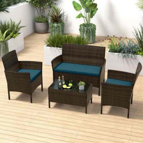 Hivvago 4 Piece Patio Rattan Conversation Set With Cozy Seat Cushions-Peacock Blue