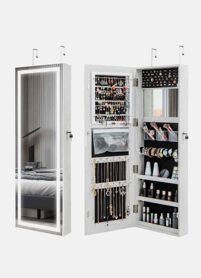 Door Wall Mount Touch Screen LED Light Mirrored Jewelry Cabinet Storage