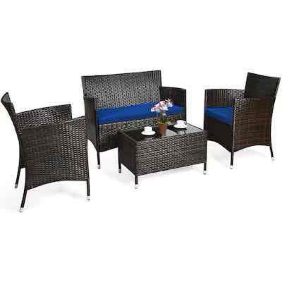 Costway 4 -Piece Rattan 2 Patio Sofa Conversation Set with Blue Cushions