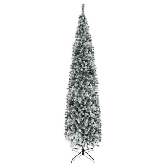 HOMCOM 9' Tall Unlit Snow-Flocked Slim Artificial Christmas Tree