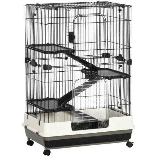 PawHut 32"L 4-Level Small Animal Cage Rabbit Hutch with Universal Lockable Wheels