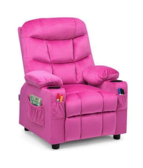 Adjustable Lounge Chair with Footrest & Side Pockets for Children, Pink