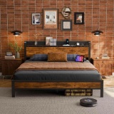 Bed Frame Metal Platform Bed with Wood Storage Headboard RGB LED Lights and Charging Station