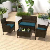 Hivvago 4 Piece Patio Rattan Conversation Set With Cozy Seat Cushions-Peacock Blue