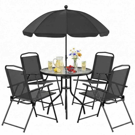 6 piece Patio Dining Set For 4 With Umbrella, Outdoor Table And Chairs With 4 Folding Dining Chairs