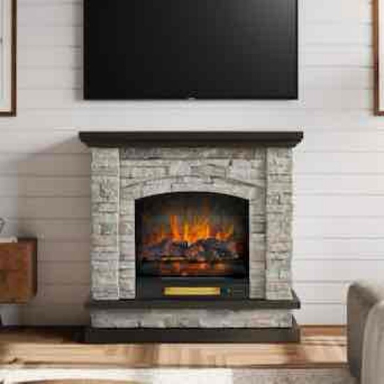 allen + roth 43.5-in W Stacked Faux Sandstone with Coffee Oak Free standing Infrared quartz Flat