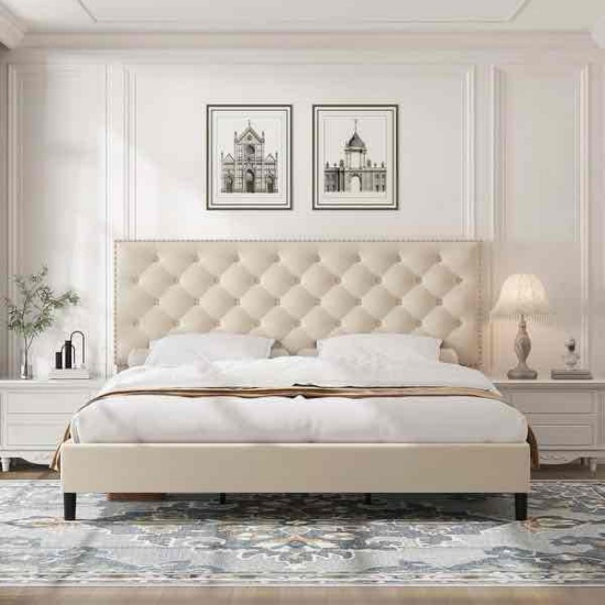 Queen Bed Frame, Modern Upholstered Platform Bed with Headboard, Button Tufted Bed Frame with Slat