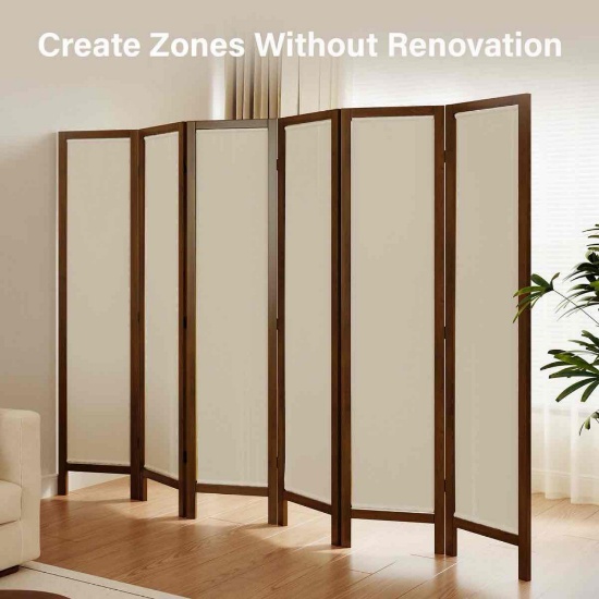 6-Panel Washable Fabric Room Divider, Walnut Color Frame