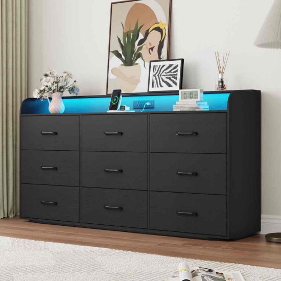 63" Modern 9-Drawer Oak Dresser With Led Light & Power Outlet Wide Storage Chest With Metal