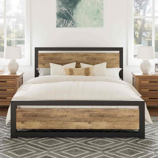 Marilee Wood and Black Metal Frame Bed with Headboard (Queen)
