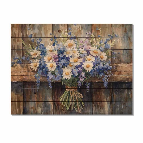 Breezy Meadow Bouquet At The Barn II - Assorted Bouquets Wood Wall Decor - On Natural Pine Wood