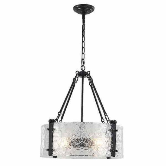 4-Light Dimmable Black Drum Chandelier With Ripple Glass Shade, No Bulbs Included