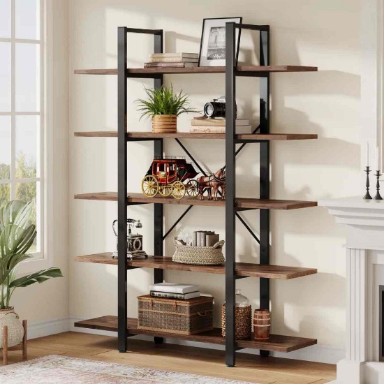 Industrial 5-Tier Bookcase, Metal Frame Open Shelf With X-Back Design, 71" Tall Storage Shelves For