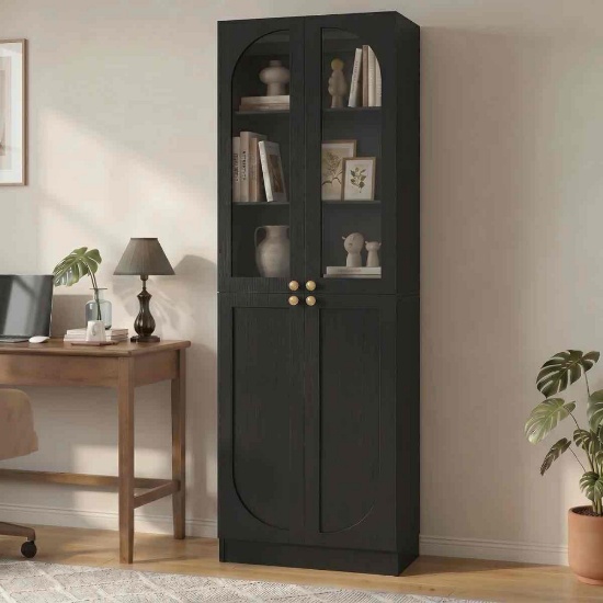 23.6" Arched Glass Door Bookcase - 6-Tier Farmhouse Pantry