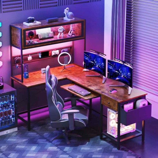 Reversible L Shaped Computer Desk With Power Outlets & Adjustable Led Lights
