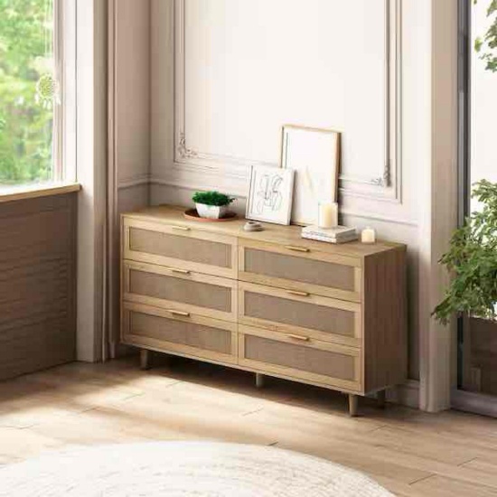 59.06 in. 6-Drawers Rattan Storage Cabinet Rattan Drawer, for Bedroom or Living Room