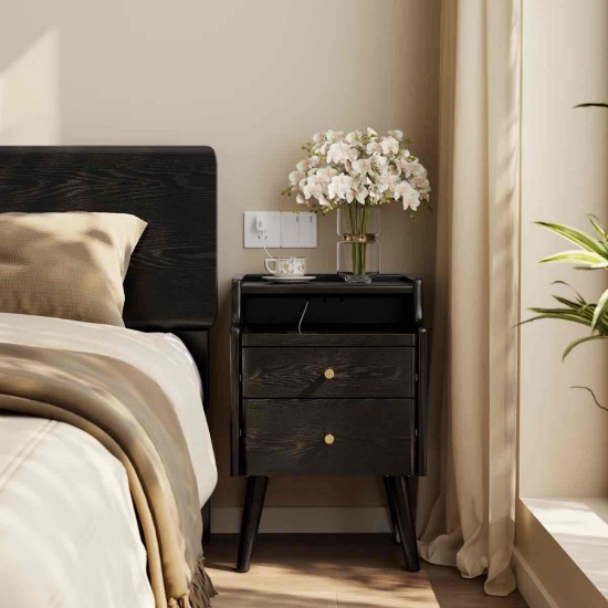 Narrow Solid Wood Nightstand with 2 Drawers