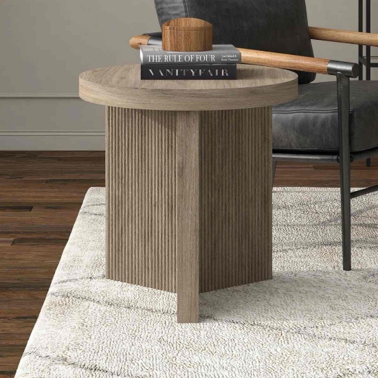Holm 22" Round Fluted Side Table with Pedestal Base in Antiqued Gray Oak