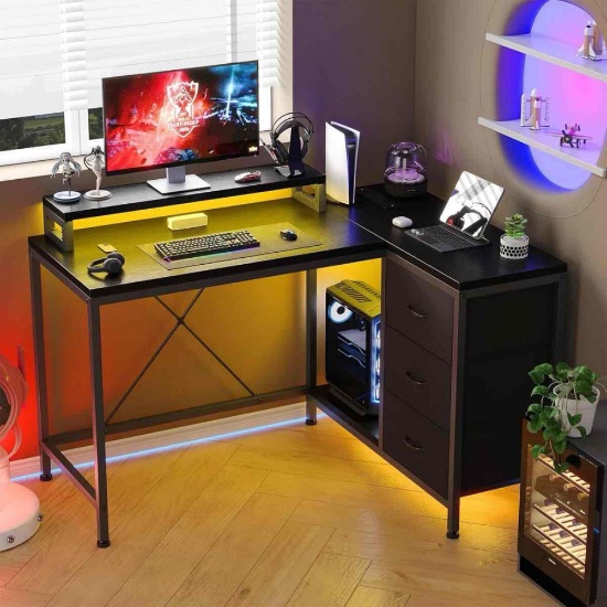 L Shaped Desk With Power Outlets & LED Lights