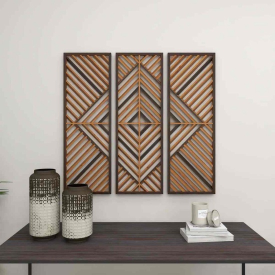 Wood Slatted Wood Design Geometric Brown Wall Decor Set