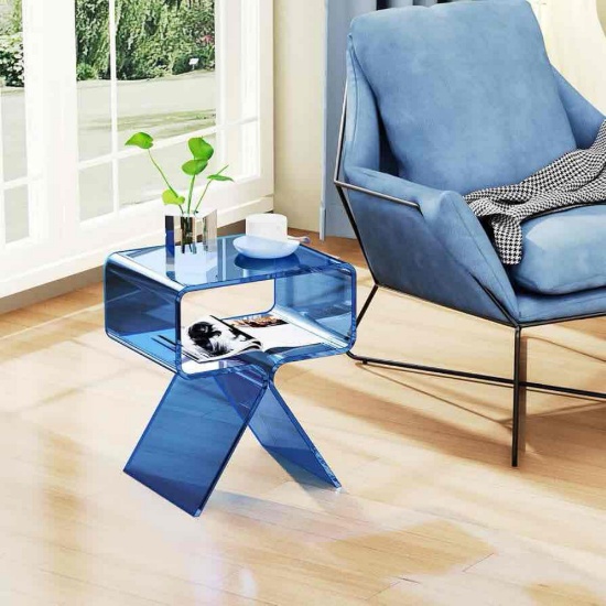 Acrylic Nightstand Side Table Modern Design Clear Home Display End Table for Living Room (Blue)