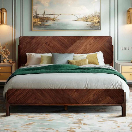 Bifrost 100% Solid Acacia Wood Platform Bed With Tall Headboard And Footboard(Queen size)