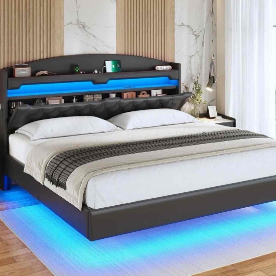 Floating Bed Frame With Hidden Storage Headboard (Full Size)