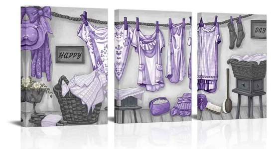FuShvre Purple Laundry Room Decor Purple and Grey Laundry Sign Pictures Paintings for Home Hotel