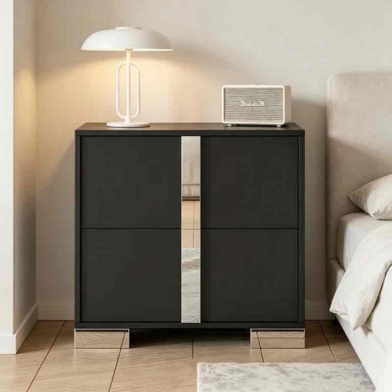 Mirrored Nightstand with 2 Drawers, Modern Bedside Table End Table with Metal Handle for Bedroom