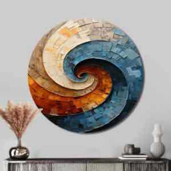 Blue and Orange Collaged Spiral - Abstract Round Print on Metal Art, Round Wall art Print (No