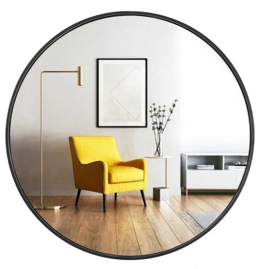Rustic 24" Black Metal Frame Round Mirror