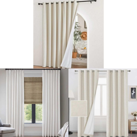 100% Blackout Curtain for Sliding Glass Door, Emery 300Gsm Poly Linen With 7 Pinch Pleat Per Pc and