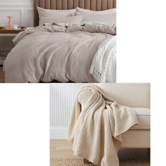 Bedsure Luxury Soft 100% Cotton Waffle Weave Plaid Duvet Cover and Bedsure 200gsm 100% Cotton