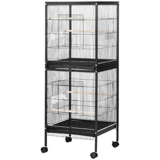 PawHut 55" 2 In 1 Bird Cage Aviary Parakeet House for finches, budgies with Wheels, Black