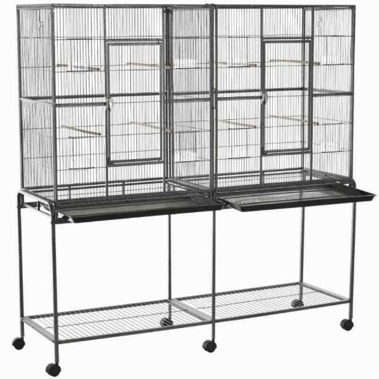 PawHut Rolling 65"L Bird Cage w/ Storage Shelf Wood Perch Food Container