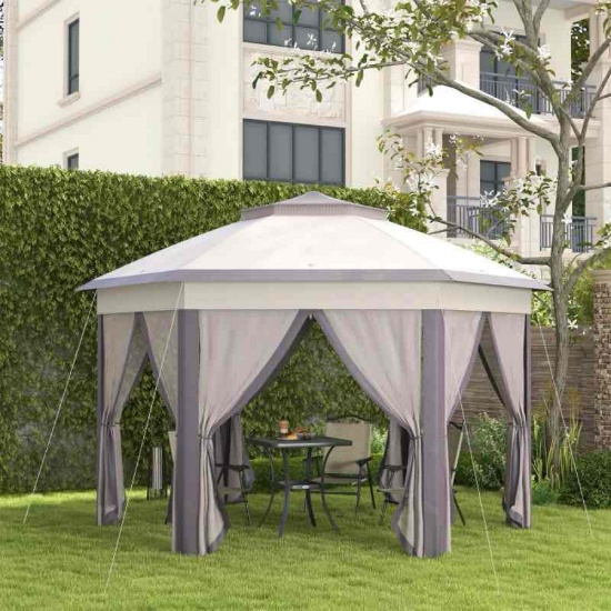 Outsunny 13' x 13' Pop Up Gazebo Hexagonal Canopy Shelter with 6 Zippered Mesh Netting for Patio