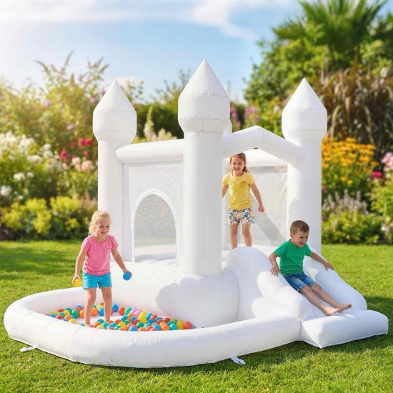Qaba 8.2FT x 7.4FT Bounce House, 3-in-1 Inflatable with Slide & Ball Pit, 370W Blower, White - 2-4