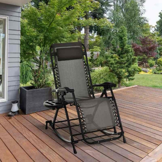 Outsunny Outdoor Rocking Chairs, Foldable Reclining Zero Gravity Lounge Rocker with Pillow