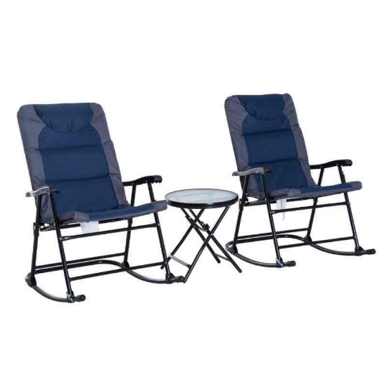 Outsunny 3 Piece Outdoor Folding Rocking Chair and Table Set - Blue and Gray