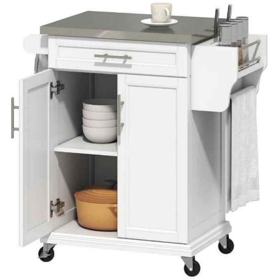 HOMCOM Kitchen Island on Wheels, Rolling Kitchen Cart with Stainless Steel Countertop