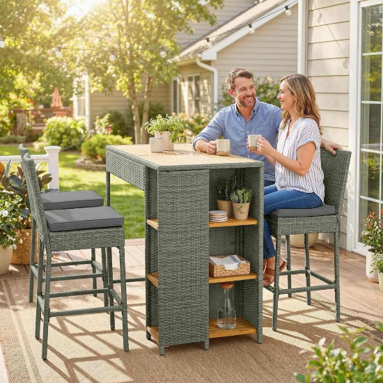 Outsunny 5 Piece Outdoor Bar Set, 3 Tier Storage Wicker Outdoor High Top Table and Chairs