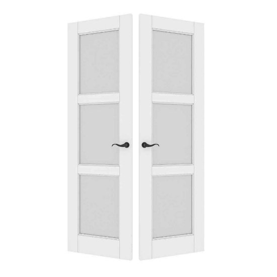 3-Lite Frosted Glass French Door Solid Wood Manufacture Interior Double Bathroom Door