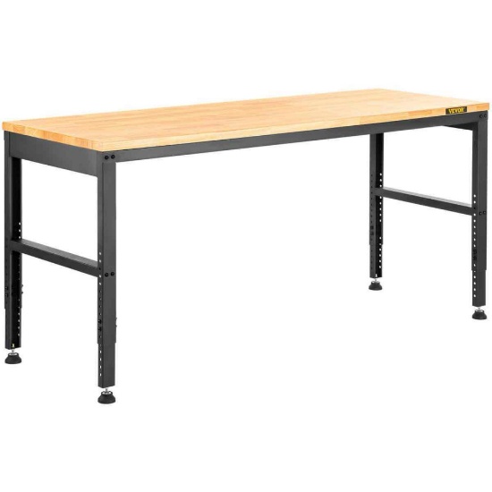 Adjustable Height Wood Workbench with Metal Frame and Power Outlets
